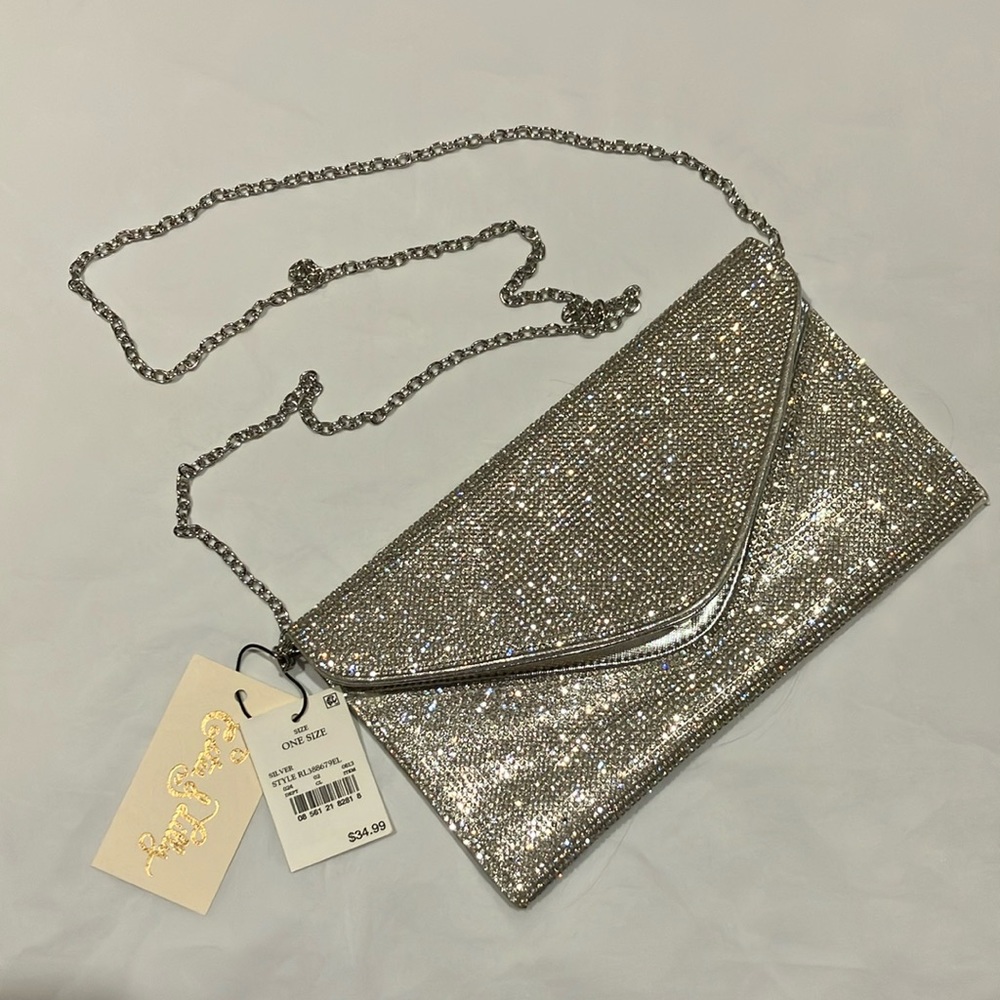 NWT Estee & Lilly rhinestone and silver metallic clutch w shoulder chain strap